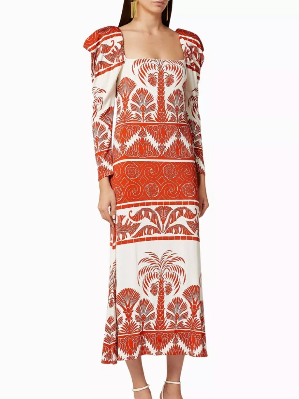 Johanna Ortiz Paint The Universe Jersey Long Sleeve Dress in Clay Red/Cream, 4